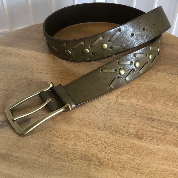 Linea Pelle Genuine Leather Belt in Olive with Brass Studs & Leather Weaving, M. - Picture 1 of 9